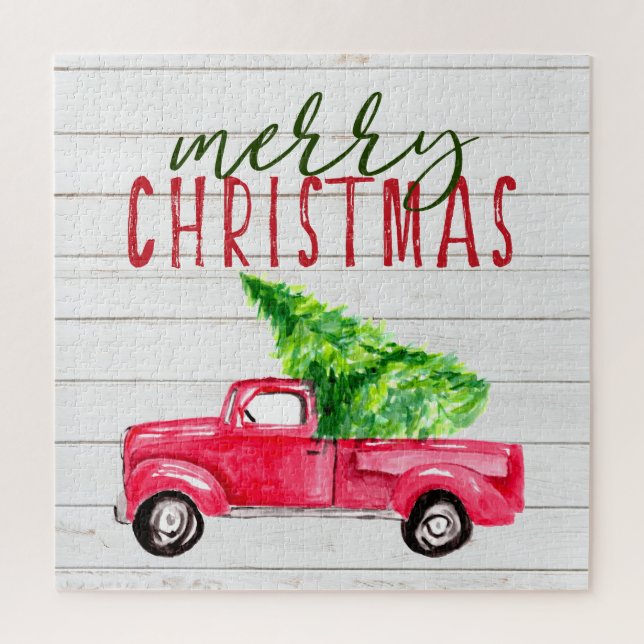 Puzzle Ferme de Noël de Camion Rouge en bois rustique (Vertical)