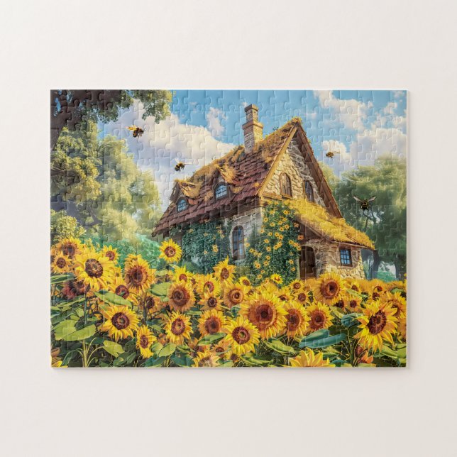 Puzzle Ferme Sunlit avec fleurs de soleil (Horizontal)