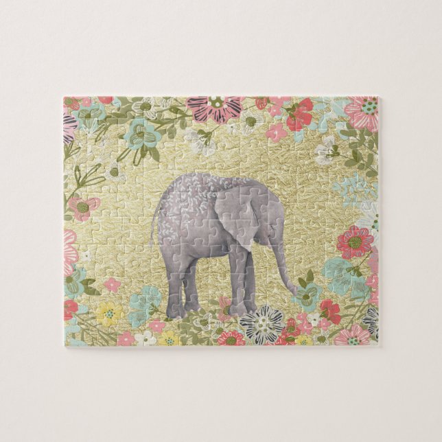 Puzzle Feuille d'or florale de cadre d'éléphant chic (Horizontal)