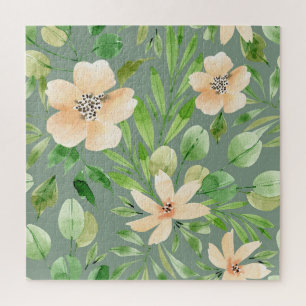 Puzzle Feuilles verts, Fleurs roses : Aquarelle.