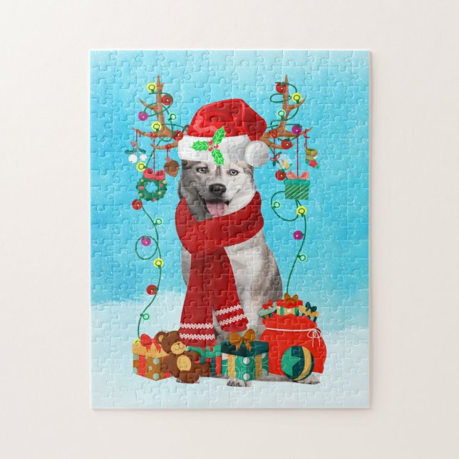 Puzzle feutre sibérien dans la neige avec cadeaux de Noël (Vertical)