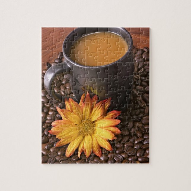 Puzzle Fèves de café et marguerite jaune (Vertical)