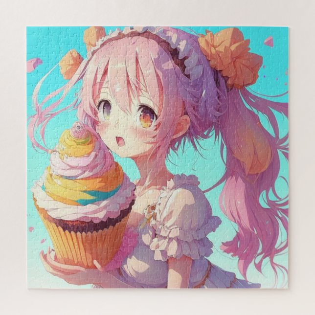 Puzzle Fille Anime avec Cupcake Whimsical (Vertical)