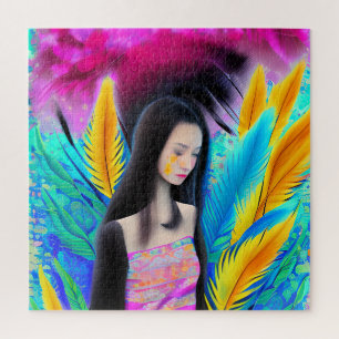 Puzzle Fille asiatique abstraite belle mais triste AI col