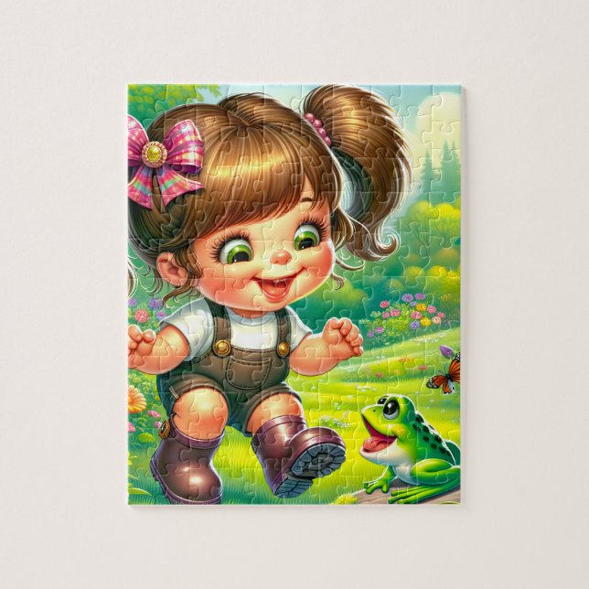 Puzzle Fille aux grands yeux et grenouille verte (Vertical)