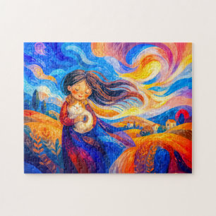 Puzzle Fille avec chat dans des couleurs fluides et vente