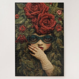 Puzzle Fille avec des lunettes et des roses brodées  