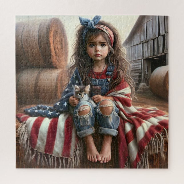 Puzzle Fille Avec Drapeau Américain Et Kitten (Vertical)