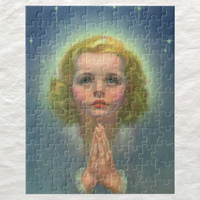 Puzzle Fille blonde angélique avec halo et étoiles priant (Créateur téléchargé)