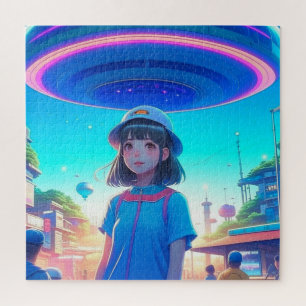 Puzzle Fille d'anime sous un OVNI dans la ville