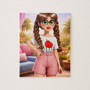 Puzzle Fille de dessin animé stylisée avec tresses et lun