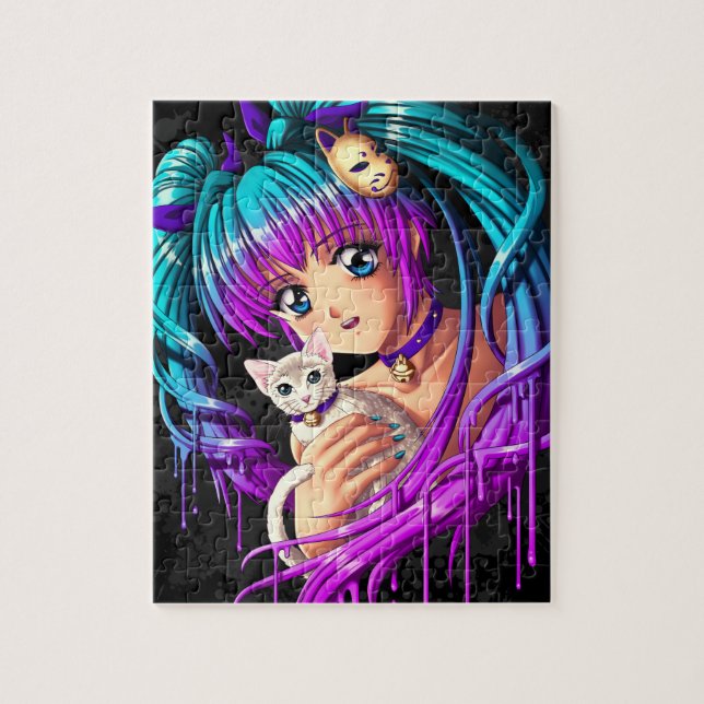 Puzzle Fille de Manga de chaton et de tresse (Vertical)