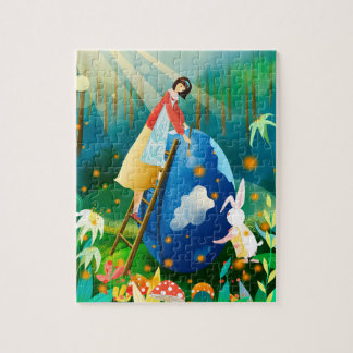 Puzzle Fille de Pâques et Lapin Peignant un Œuf Bleu Géan