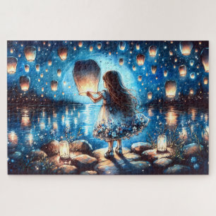 Puzzle Fille du lac à la lanterne éclairée par la lune