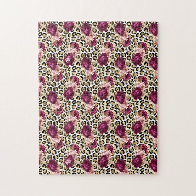 Puzzle Fille Empreinte de léopard Floral rose or (Vertical)