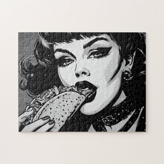 Puzzle Fille gothique de style graphique BW 50s mangeant  (Horizontal)