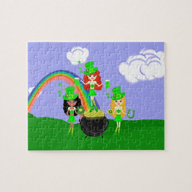 Puzzle Fille Leprechauns Arc en ciel et Pot d'or (Horizontal)