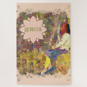 Puzzle Fille rêveuse sur mur Géométrie colorée abstraite