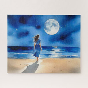 Puzzle Fille sur la plage sous une Pleine lune
