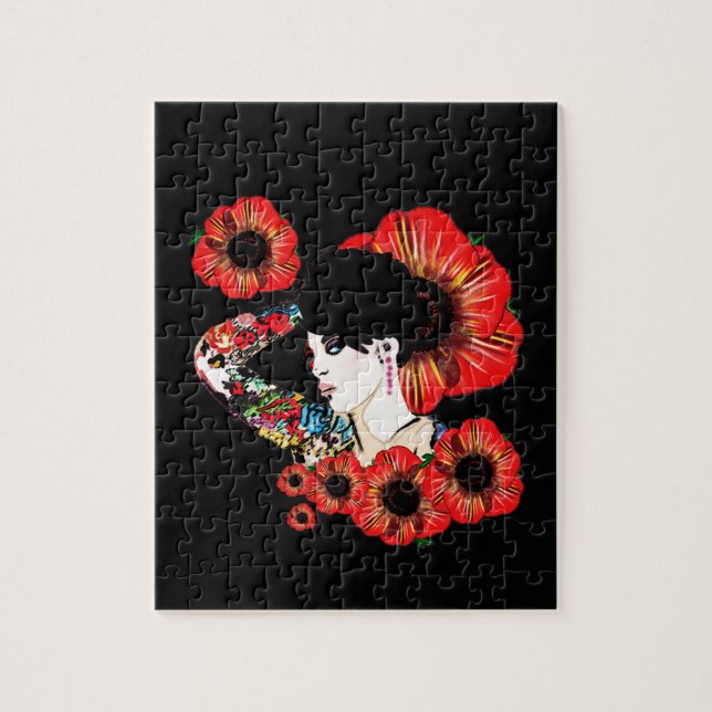 Puzzle Fille tatouée au milieu des fleurs de pavot Art pa (Vertical)
