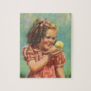 Puzzle Fille vintage avec poussin, enfant heureux sourian