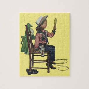Puzzle Fille Vintage Cowgirl Se Regardant Dans un Miroir 