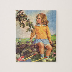 Puzzle Fille Vintage regardant des oiseaux dans un arbre,