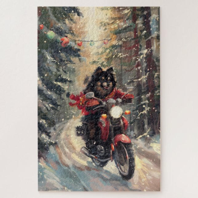 Puzzle Finnish Lapphund Dog Riding Motorcycle Christmas  (Vertical)