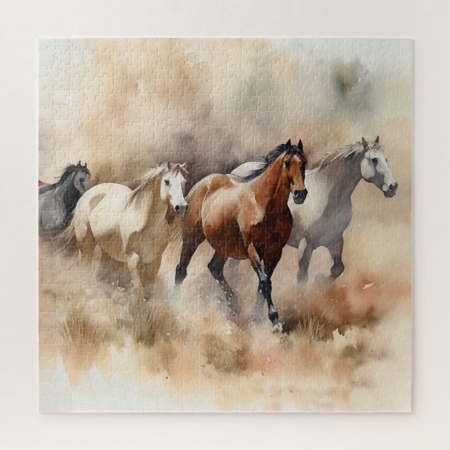 Puzzle "Five Gallopoping Mustangs" Dusty Western Watercol (Vertical)