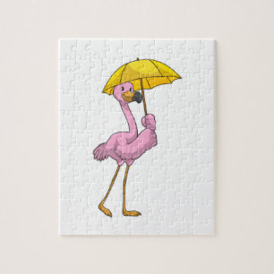 Puzzle Flamant rose à la pluie avec parapluie