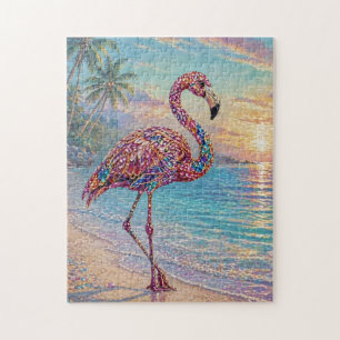 Puzzle Flamant Rose aux Tons de Bijoux sur une Plage Trop