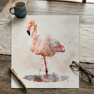 Puzzle Flamant Rose Élégant debout en Aquarelle