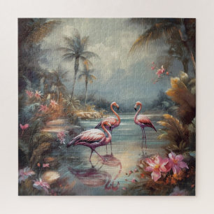 Puzzle Flamant Rose Tropical Lagune Art Floridien Vintage