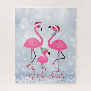 Puzzle Flamants de famille adorables Chapeau de Père Noël