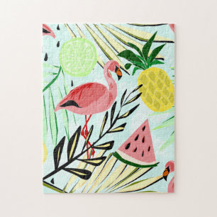Puzzle Flamants roses et fruits.
