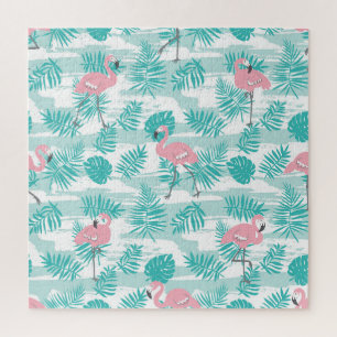 Puzzle flamants roses, feuilles de palmiers verts, tropic