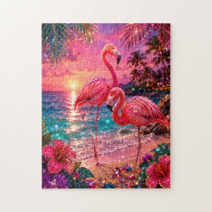 Puzzle Flamants roses sur une plage tropicale aux tons de