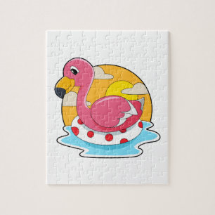 Puzzle Flamingo at Swimming with Lifebuoy