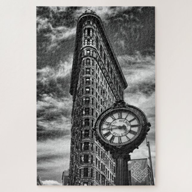 Puzzle Flatiron Building and Clock en noir et blanc (Vertical)