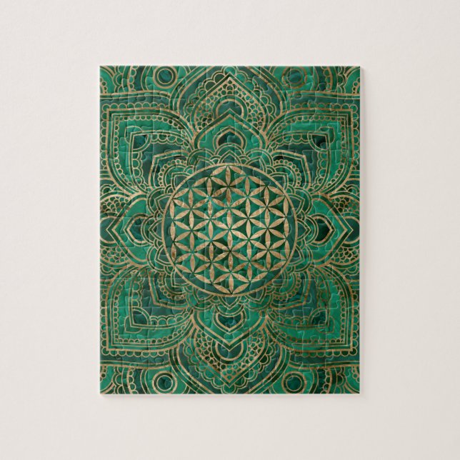Puzzle Fleur de la vie dans Lotus - malachite et or (Vertical)
