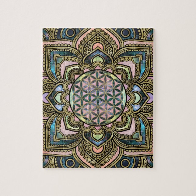 Puzzle Fleur de la vie dans Lotus - marbre et or (Vertical)