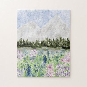 Puzzle Fleur de prairie bleue violette à l'aquarelle sur 