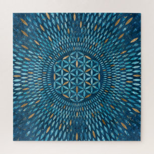 Puzzle Fleur de vie en pétales - Marbre bleu et or