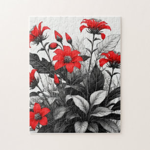 Puzzle Fleur rouge sur Plante noir blanc