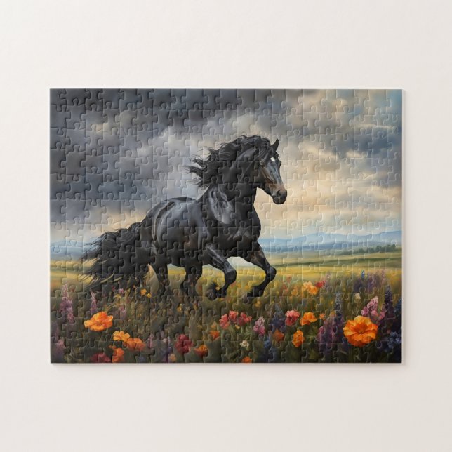 Puzzle Fleur sauvage de la Galloping du cheval friésien (Horizontal)