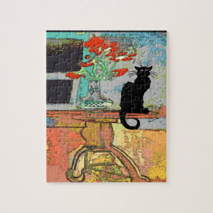 Puzzle Fleurs Abstraites sur table avec chat