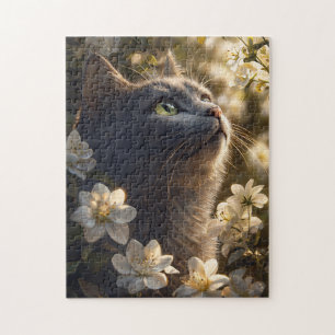 Puzzle Fleurs blanches de chat bleu russe