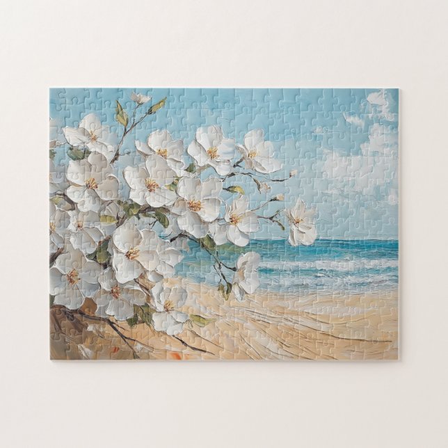 Puzzle Fleurs blanches sur la peinture à l'huile de plage (Horizontal)