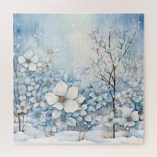 Puzzle Fleurs bleues et blanches en neige hivernale (Horizontal)