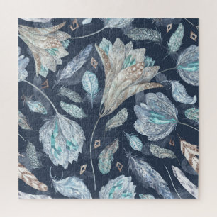 Puzzle Fleurs Boho Chic : Aquarelle bleu foncé P